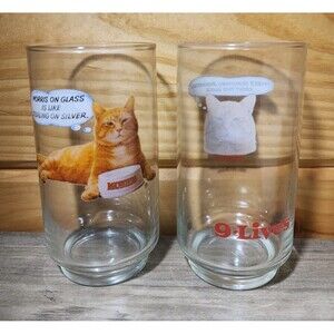1981 Morris The Cat Nine Lives sets Vintage  NEW Promo 2 Glasses Orange Cat